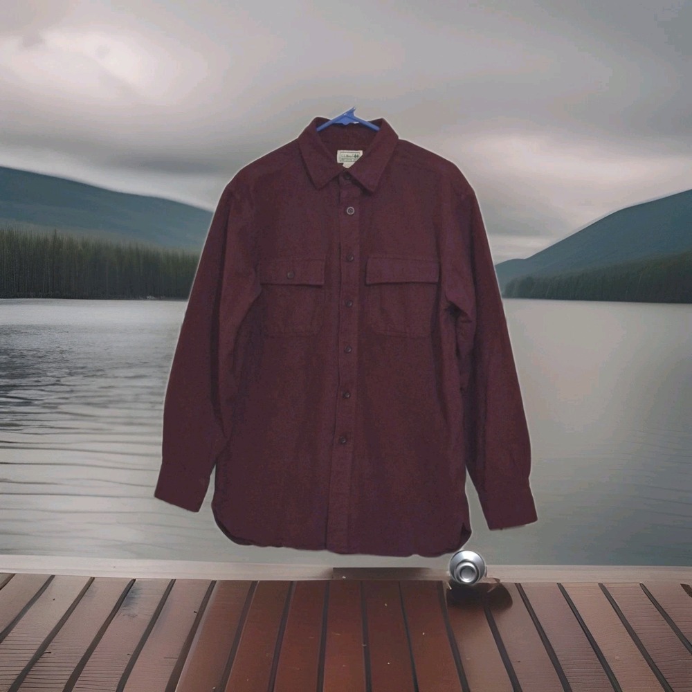 LL Bean Men's Medium Flannel Shirt Jacket Burgundy Shacket Minimalist Hiking